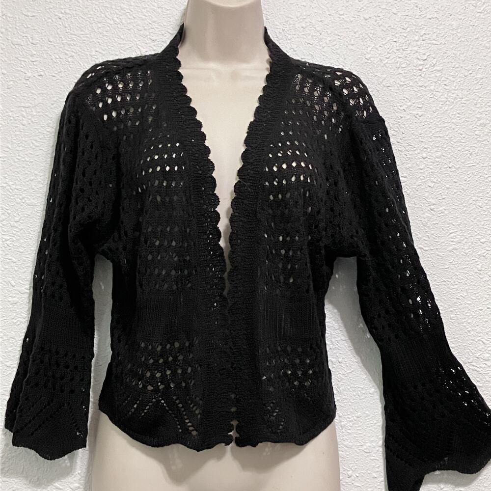 Black Open Knit Open Front Bell Sleeve Cropped Cardigan by Sweet Kizz Sz XL